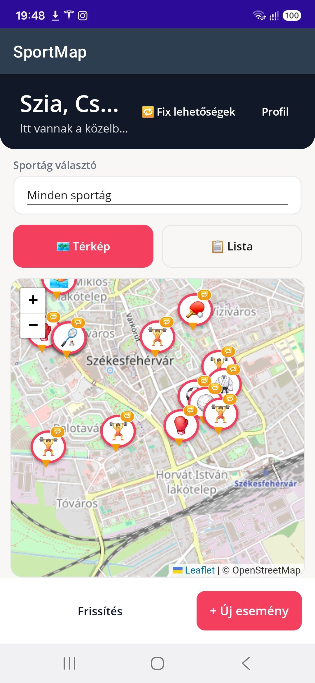 A SportMap alkalmazás a telefonon